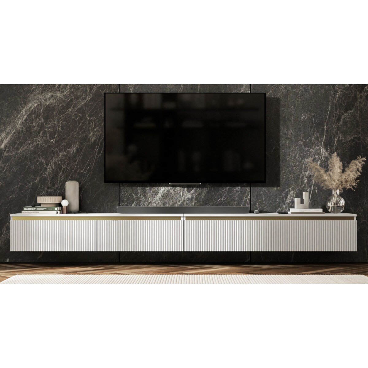 Wisząca Szafka RTV Glamour Komoda RTV Biały Mat 280 cm ryflowane fronty