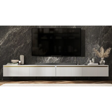 Wisząca Szafka RTV Glamour Komoda RTV Biały Mat 280 cm ryflowane fronty