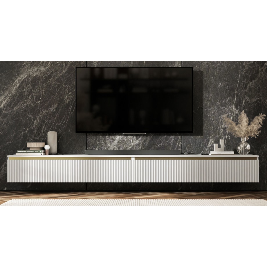 Wisząca Szafka RTV Glamour Komoda RTV Biały Mat 280 cm ryflowane fronty