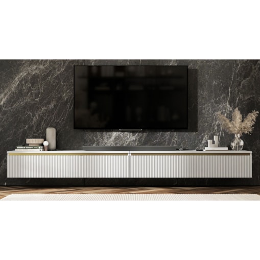 Wisząca Szafka RTV Glamour Komoda RTV Biały Mat 280 cm ryflowane fronty