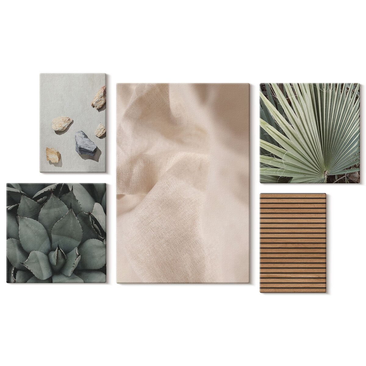 Zestaw 5 obrazów na płótnie - Kamienie drewno tkaniny tekstury boho - brązowy