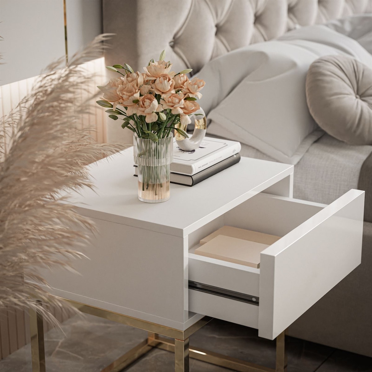 Stolik nocny BLANCO GOLD biały high gloss na złotym stelażu 45x52x36,6 cm