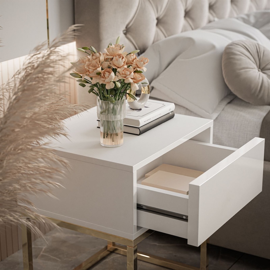 Stolik nocny BLANCO GOLD biały high gloss na złotym stelażu 45x52x36,6 cm
