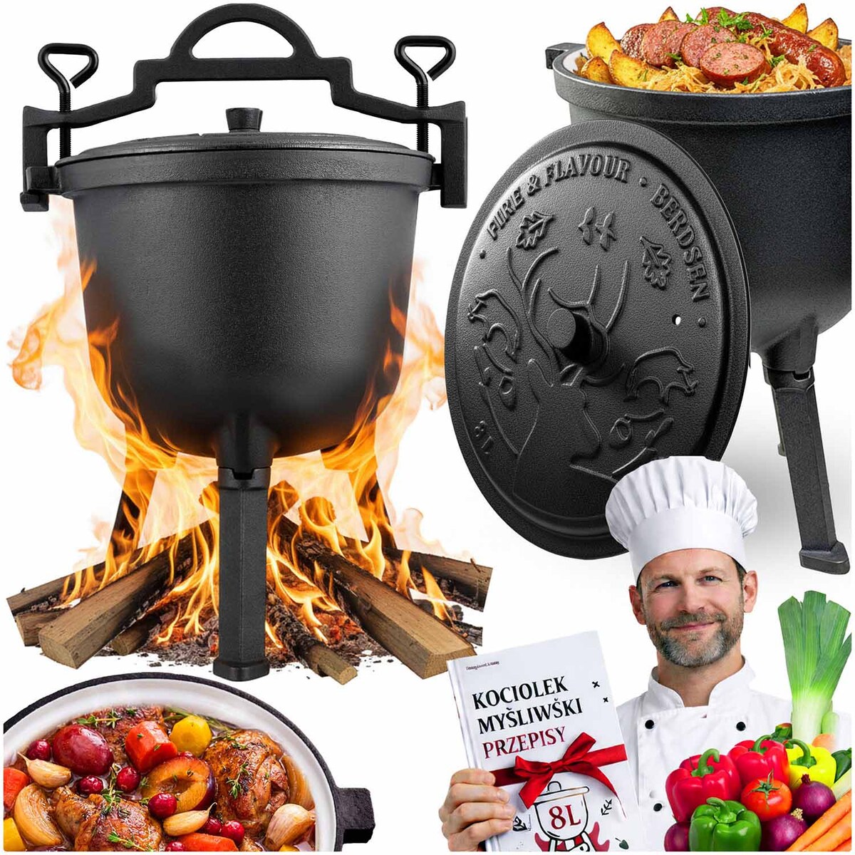 Garnek emaliowany kociołek żeliwny Berdsen BD-481 emaliowany 8L na ognisko grill +przepisy