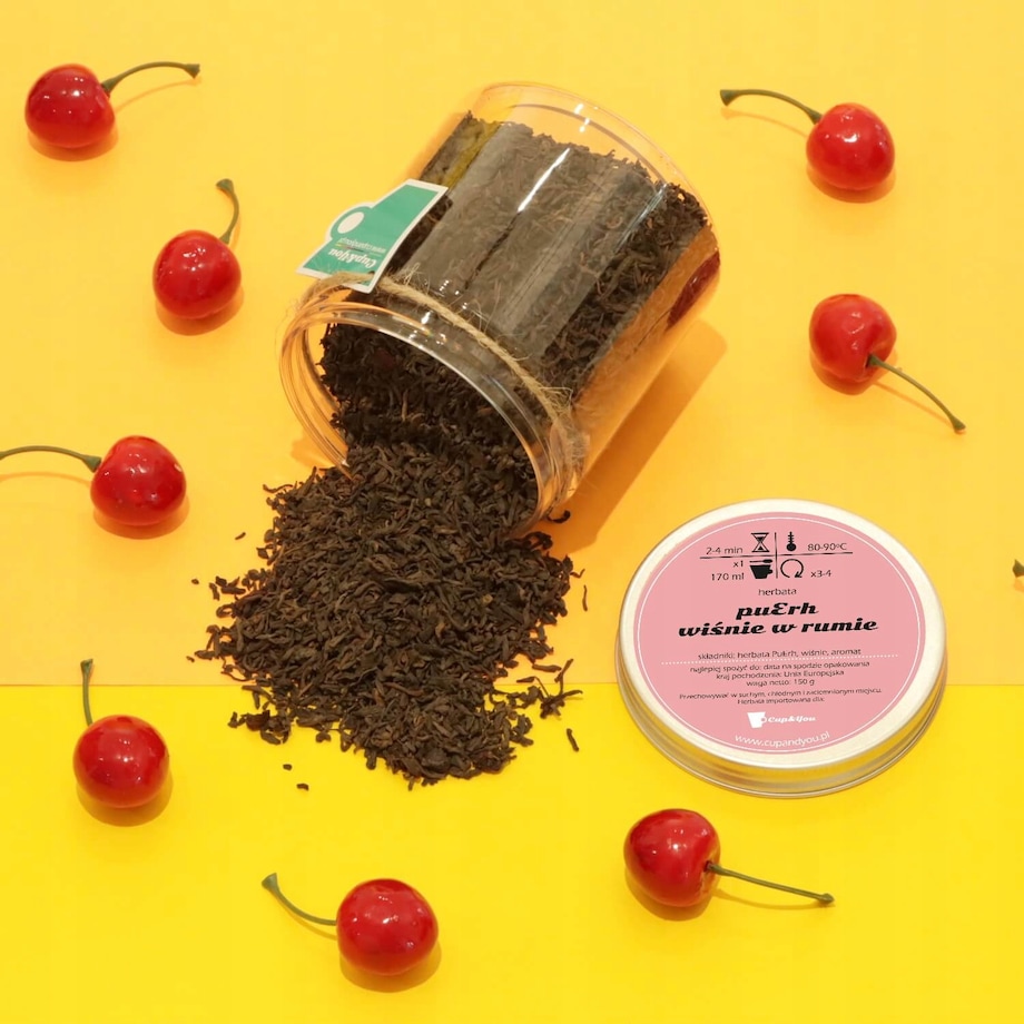 Herbata czerwona pu-erh WIŚNIE W RUMIE o smaku wiśniowo-rumowym PREMIUM - herbata liściasta sypana mieszanka napar susz - gotowa na prezent upominek