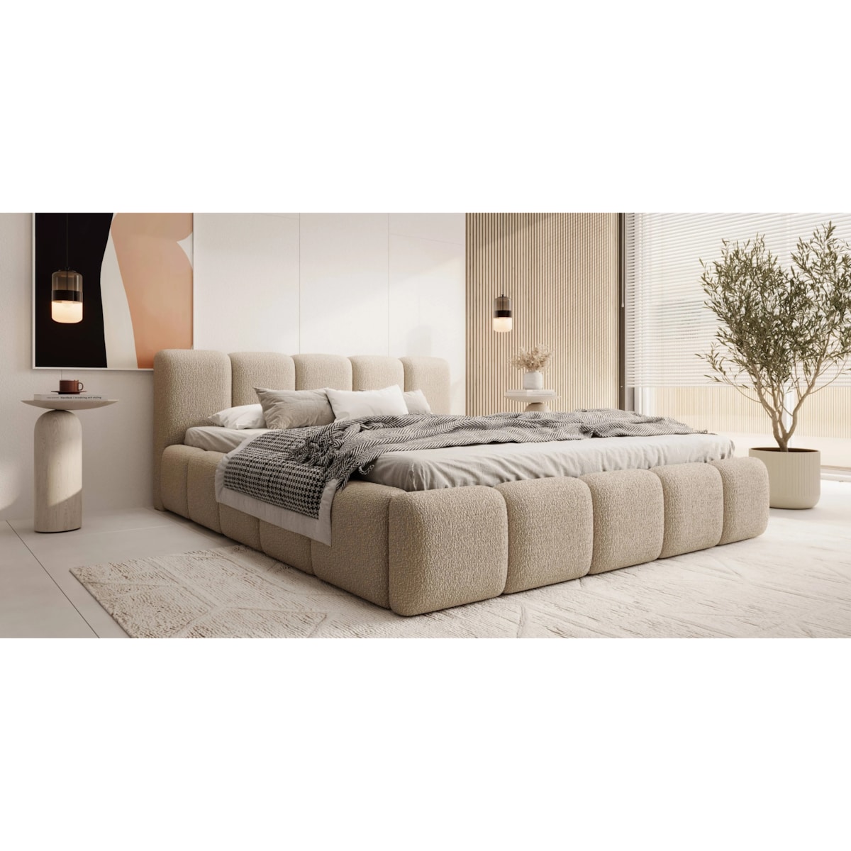 Łóżko tapicerowane 160x200 cm beżowe bouclé Fera
