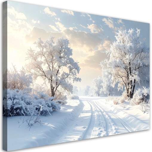 Obraz do salonu jadalni biura, Krajobraz zima śnieg droga drzewa