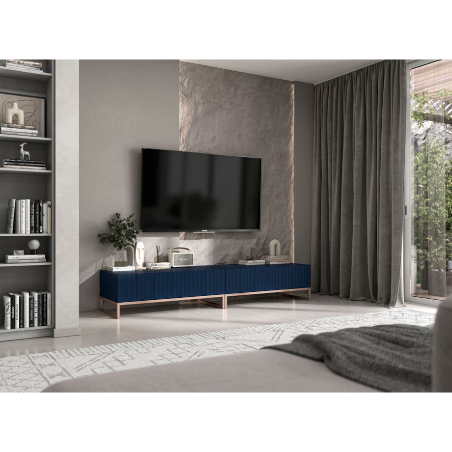 Nowoczesna Szafka RTV Glamour Komoda RTV Ryflowane fronty Granatowy Mat 220 cm