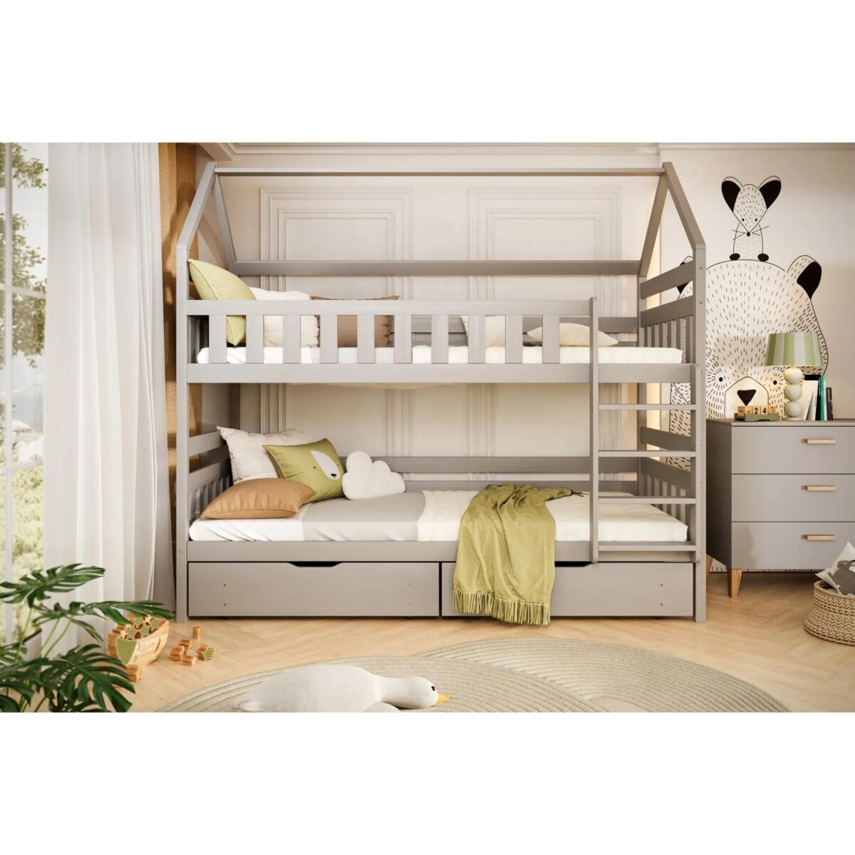 Łóżko piętrowe domek FELIKS 180x80 szare drewniane