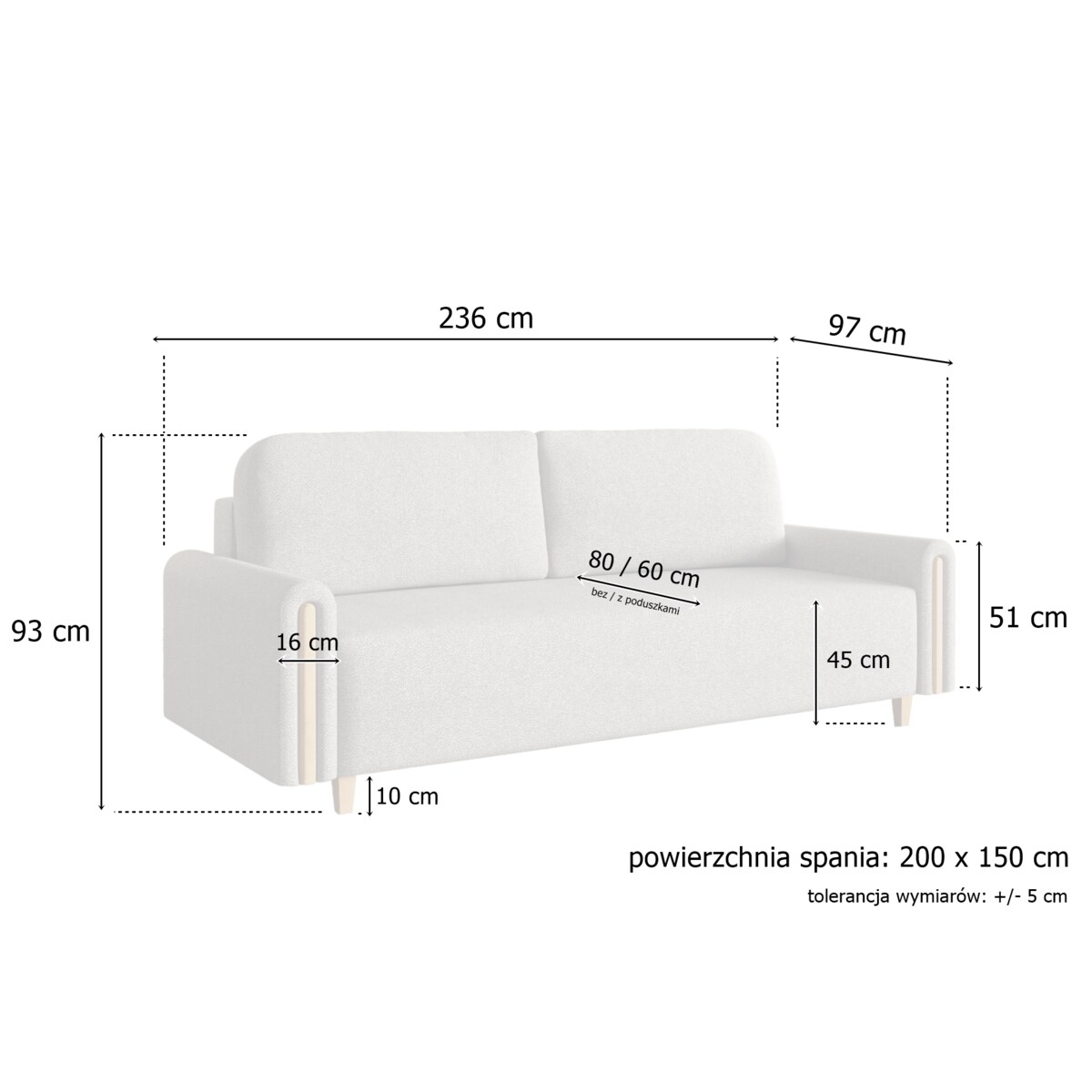 Sofa MODERN z funkcją spania - jasny beż+ drewno buk