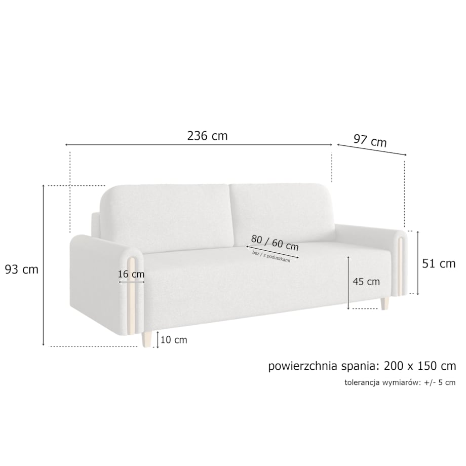 Sofa MODERN z funkcją spania - jasny beż+ drewno buk