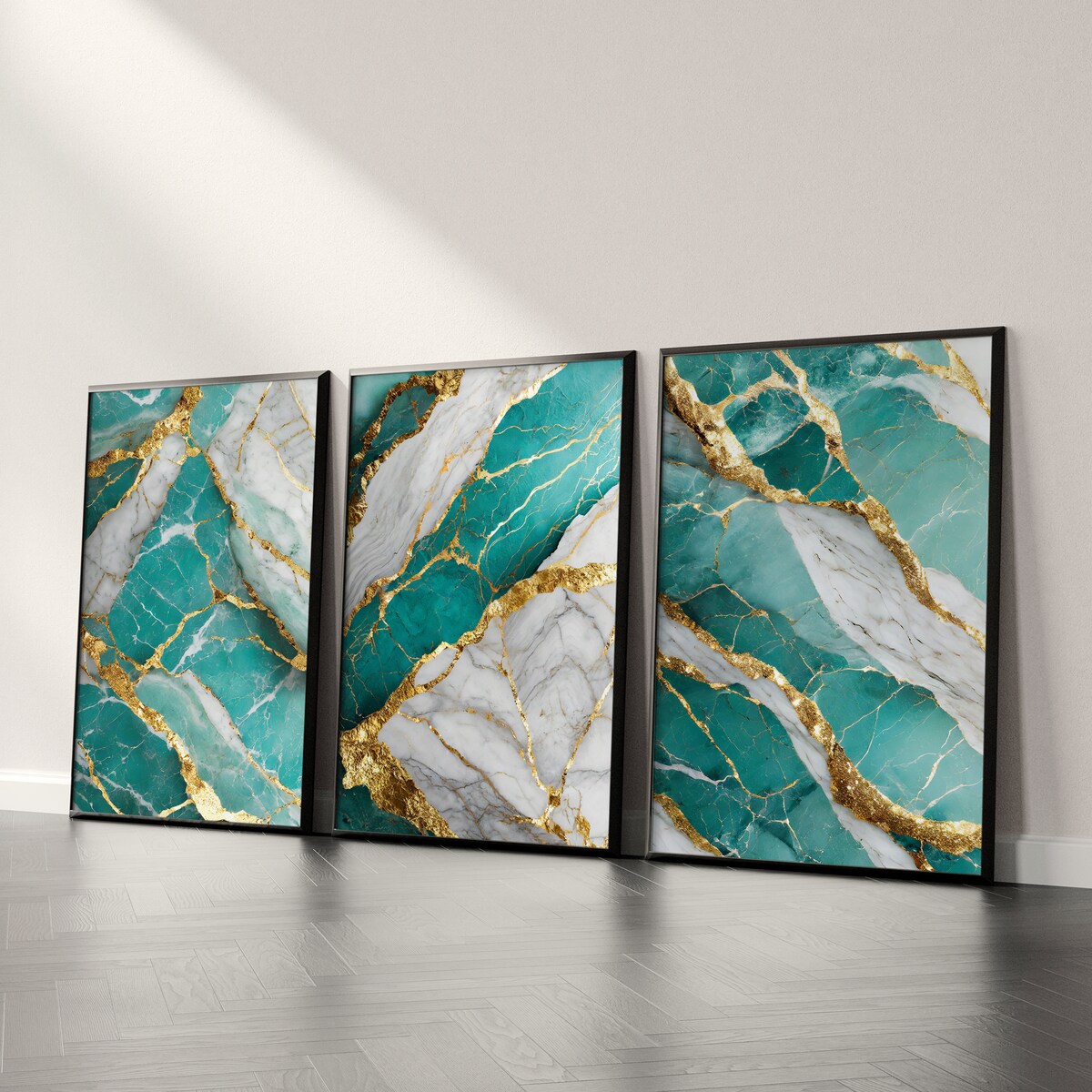 ZESTAW 3X PLAKAT W RAMIE DO SYPIALNI TURKUSOWY MARMUR STYL GLAMOUR 30x40cm