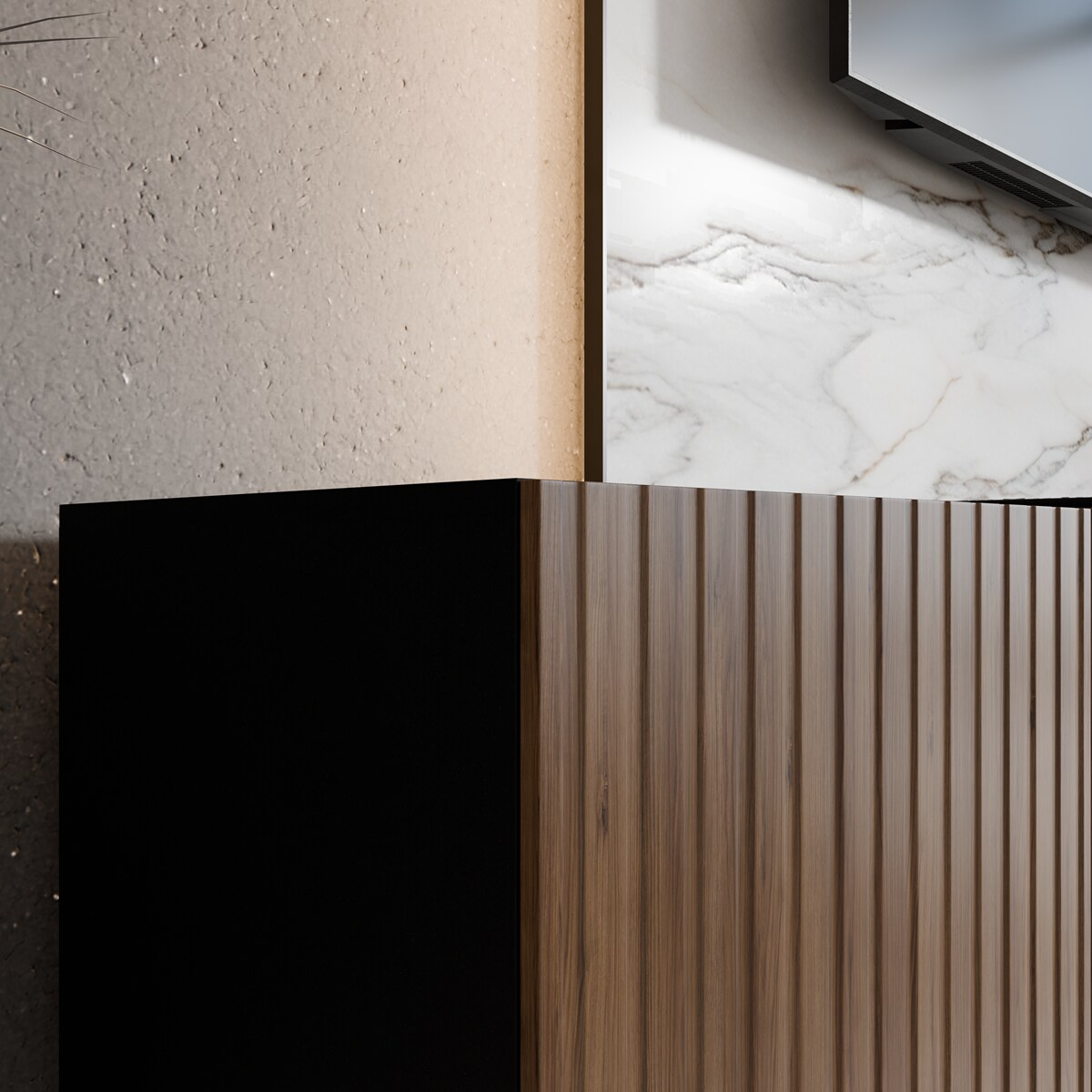 Szafka RTV RIO 300 cm zamknięta pod telewizor, ryflowana- czarny+katania