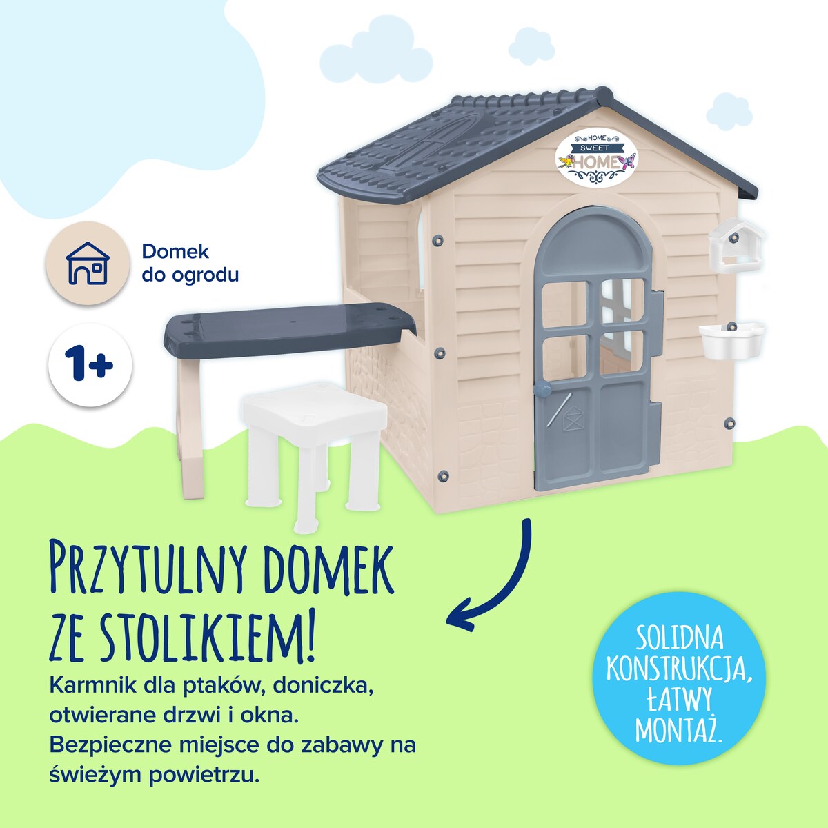 Domek ogrodowy dla dzieci ze stolikiem + zjeżdzalnia XXL do zabawy w ogrodzie zestaw beżowy