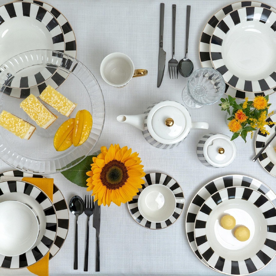 SERWIS KAWOWY 6 osób W PASKI biało czarne FILIŻANKA 200ml SPODEK na prezent