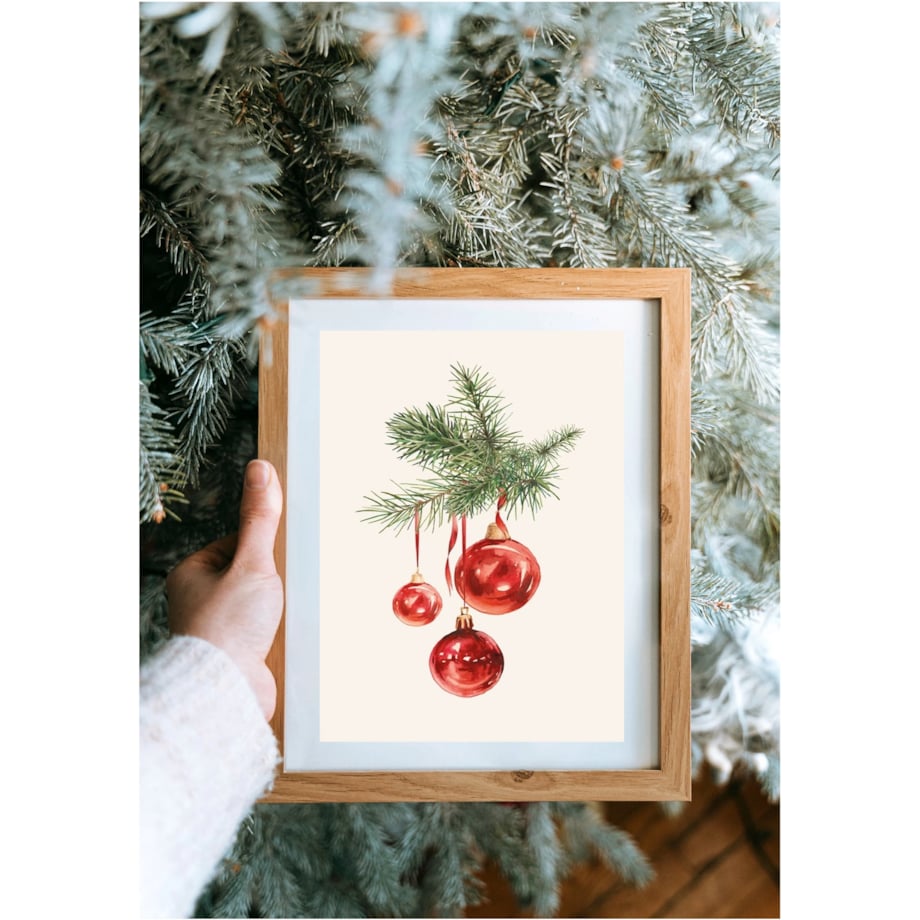 Poster Story, Plakat, Obraz - Czerwone Bombki na Gałązce, wymiary 60 x 84 cm