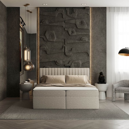 Łóżko tapicerowane MALDON 140x200 z pojemnikiem, Jasny Beż, tkanina Megan 353