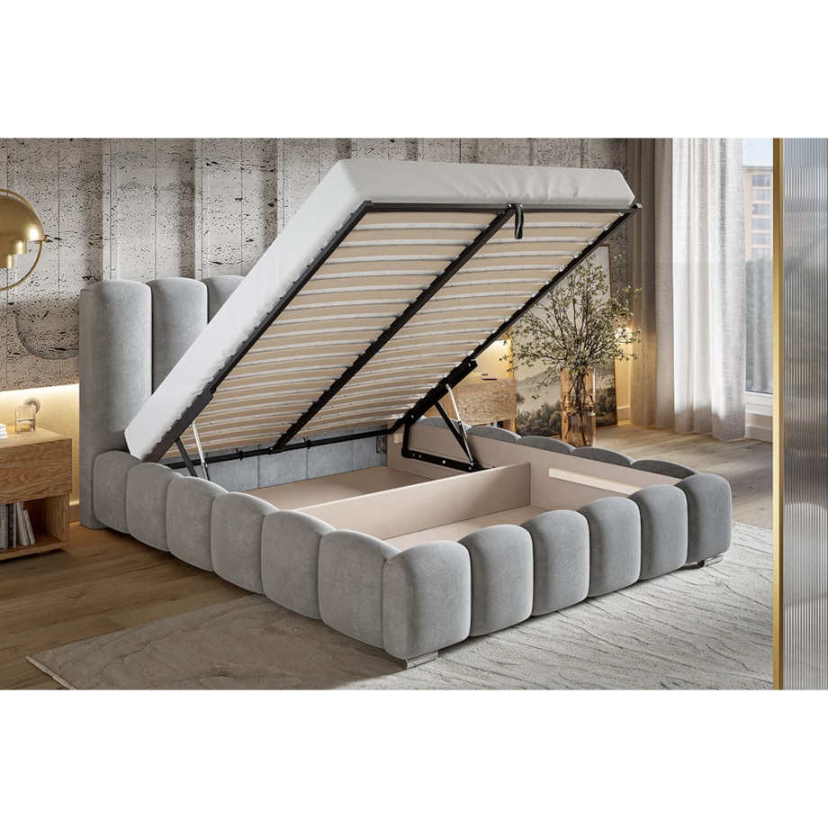 Łóżko sypialniane 200x200 BEN 18 stelaż metalowy, tkanina boucle- szary