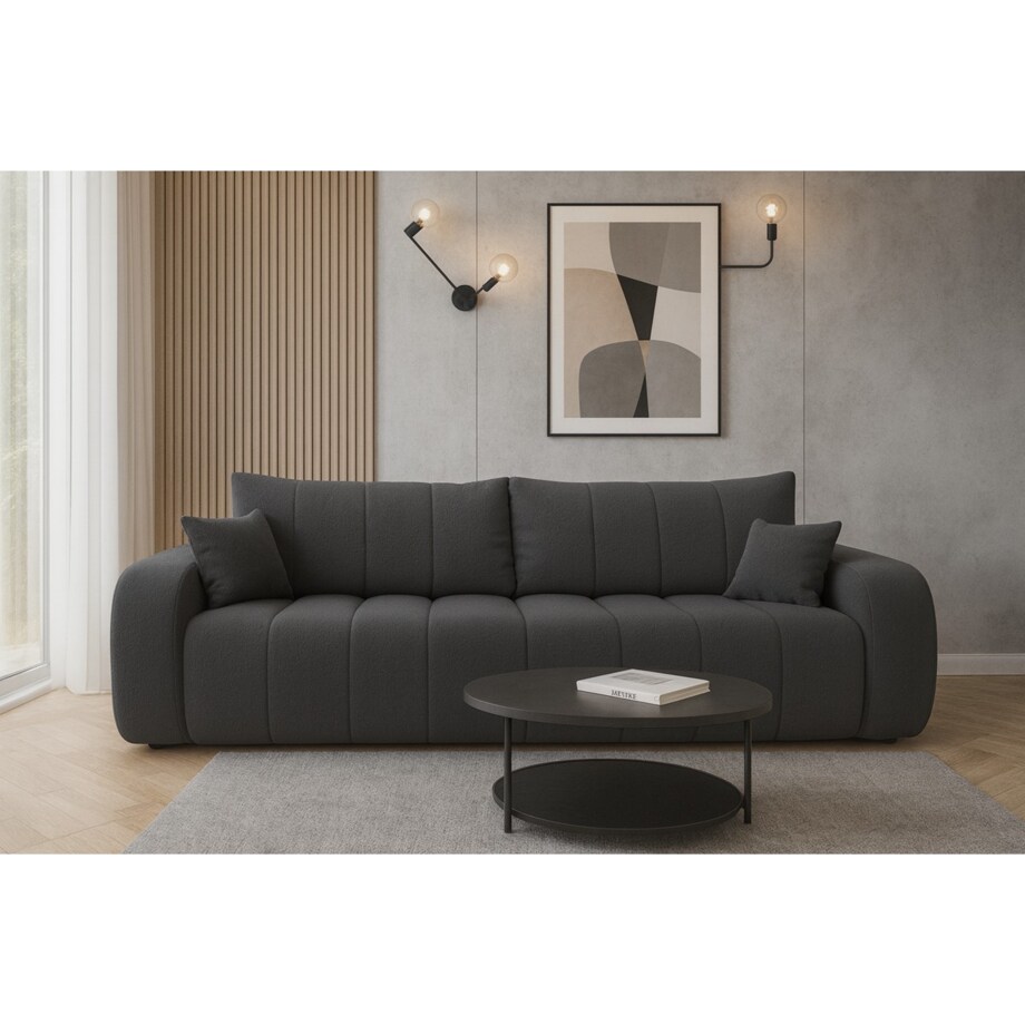 Sofa rozkładana ALOO obita tkaniną boucle z ozdobnymi poduszkami szara