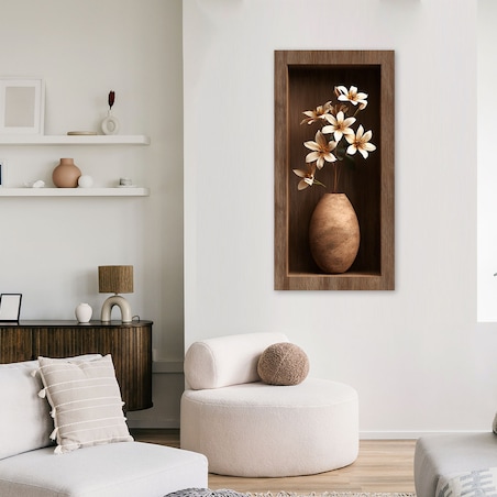 Obraz do salonu przedpokoju, Kwiaty w brązowej drewnianej wnęce 3d 60x120