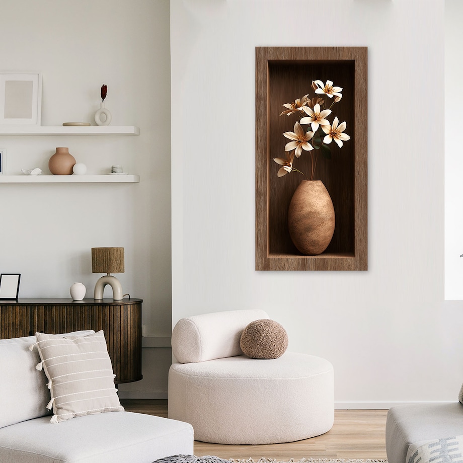 Obraz do salonu przedpokoju, Kwiaty w brązowej drewnianej wnęce 3d 60x120
