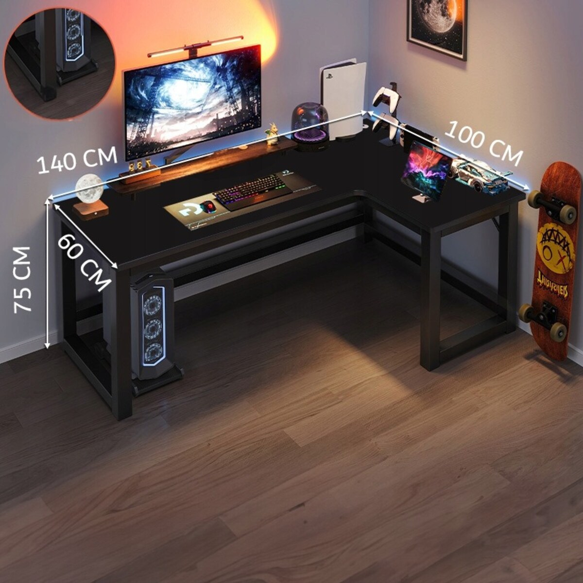 Biurko narożne gamingowe komputerowe duże nowoczesne czarne loft stół 140cm