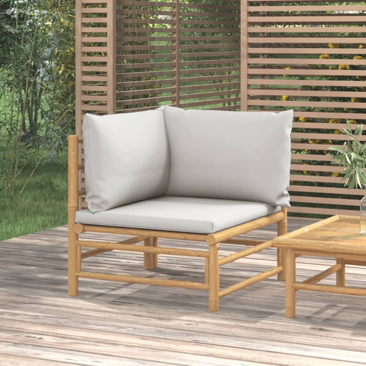 vidaXL Narożna sofa ogrodowa z jasnoszarymi poduszkami, bambusowa