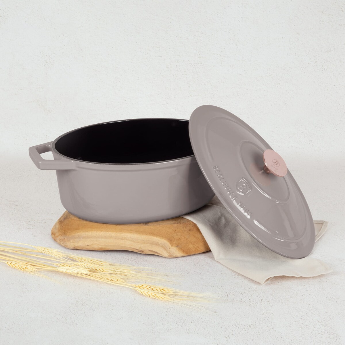 Garnek żeliwny owalny 4,65l z pokrywką 30cm Berlinger Haus Taupe BH-6541