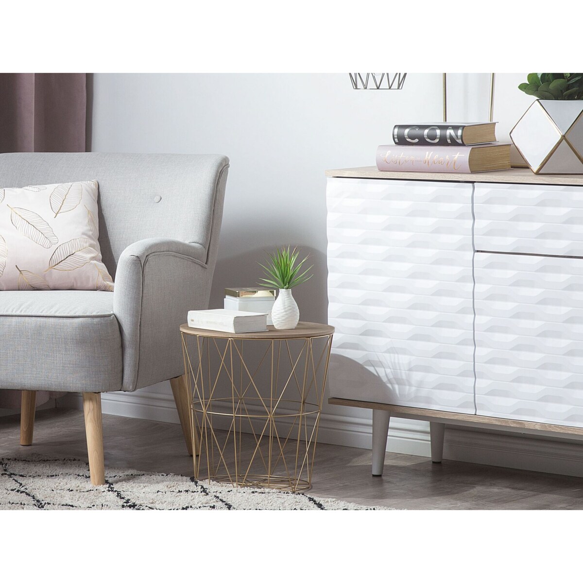 Stolik pomocniczy z miejscem do przechowywania jasne drewno ze złotym LANARK