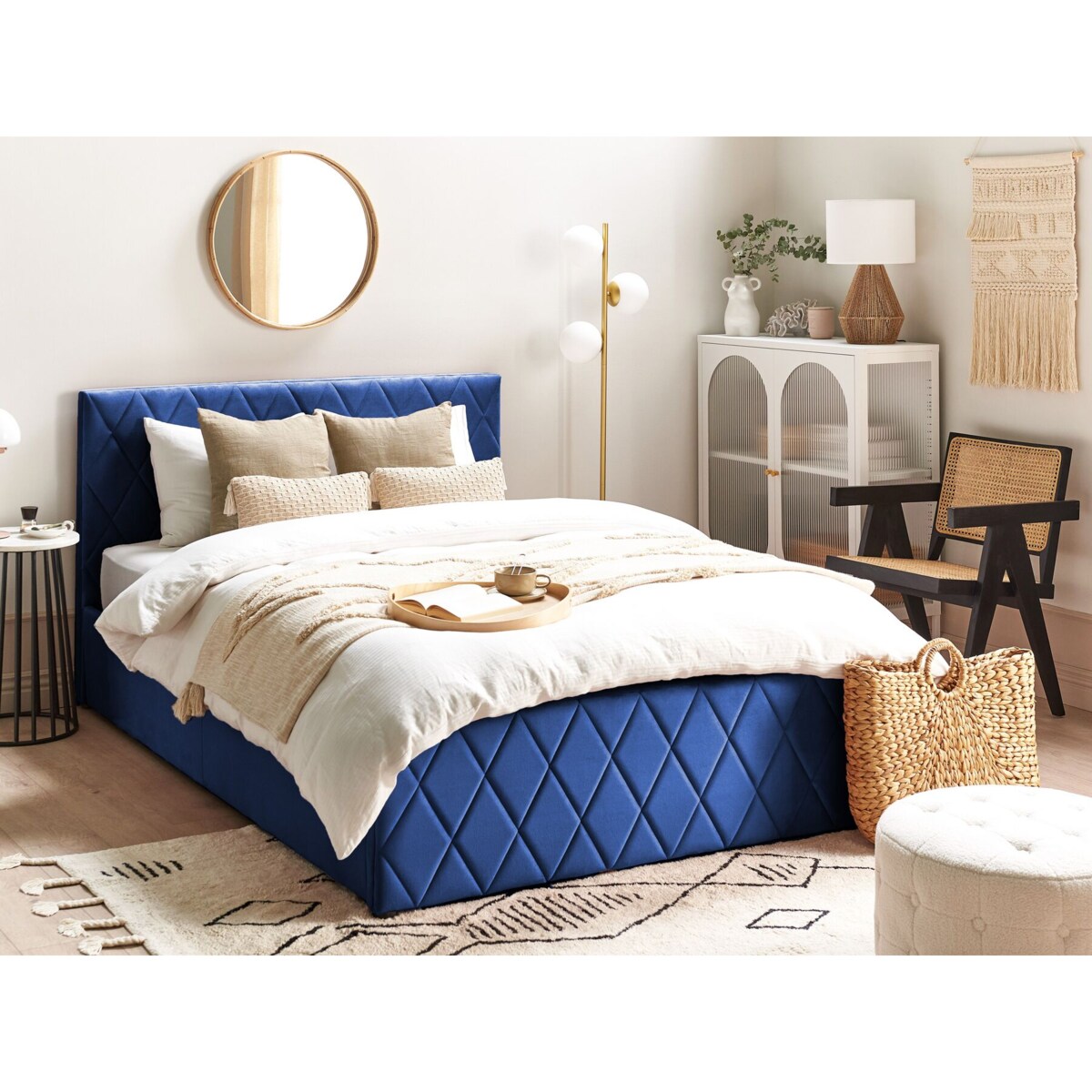 Łóżko z pojemnikiem welurowe 140 x 200 cm niebieskie ROCHEFORT