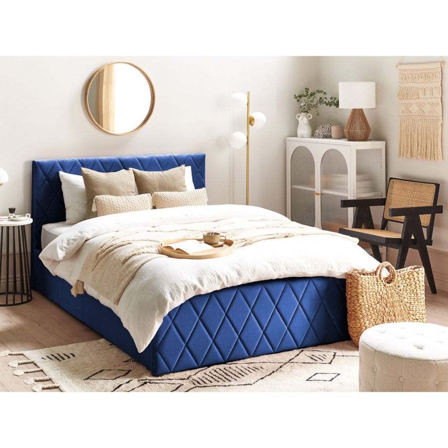Łóżko z pojemnikiem welurowe 140 x 200 cm niebieskie ROCHEFORT