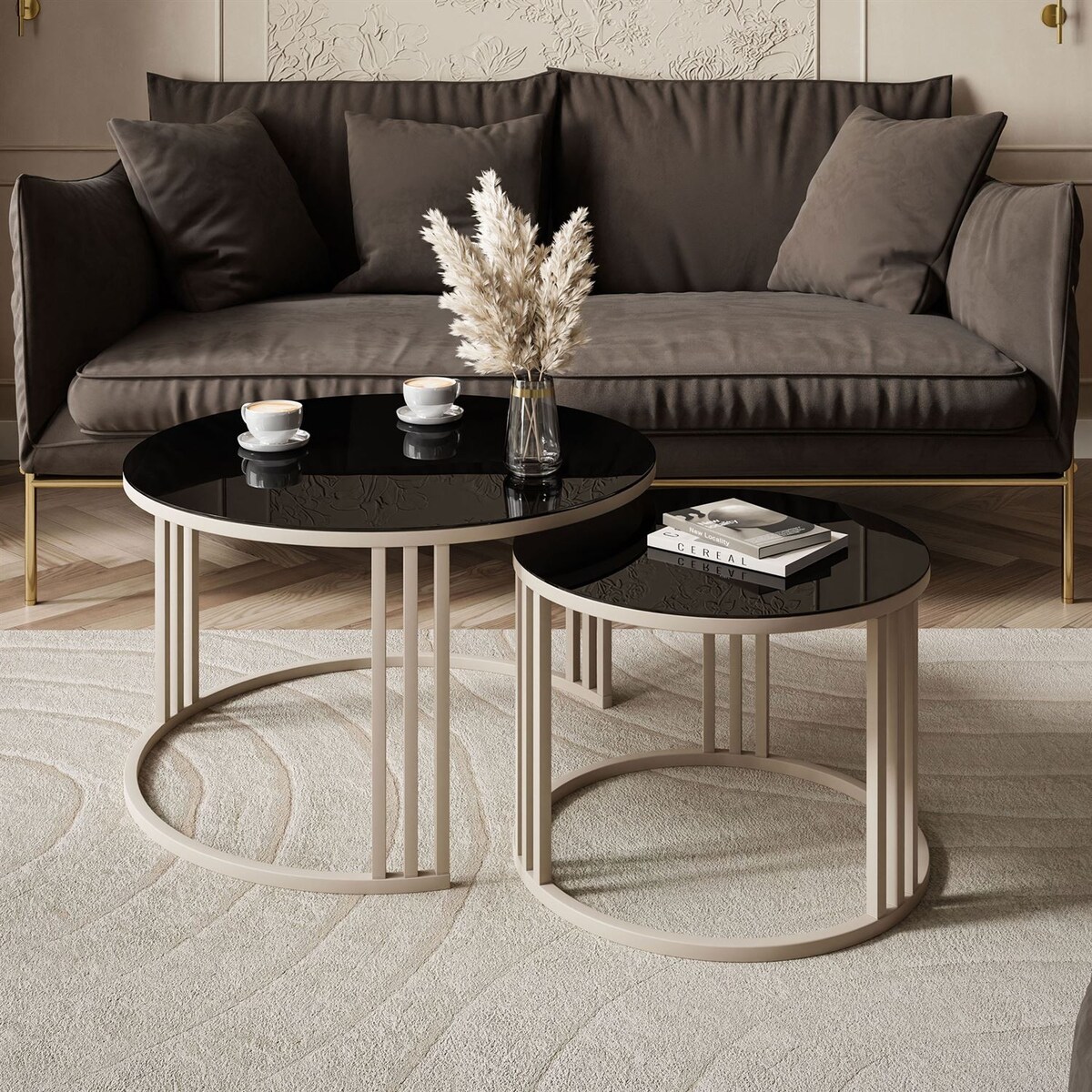 Stolik kawowy LORI 2w1 KASZMIR ze szklanym blatem, czarne szkło