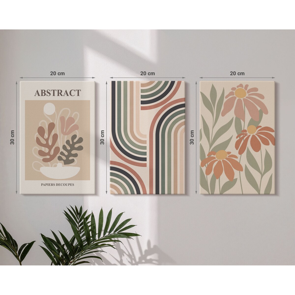 Zestaw 3 małych obrazów na płótnie - Abstrakcyjne rośliny w pastelach - pomarańczowy