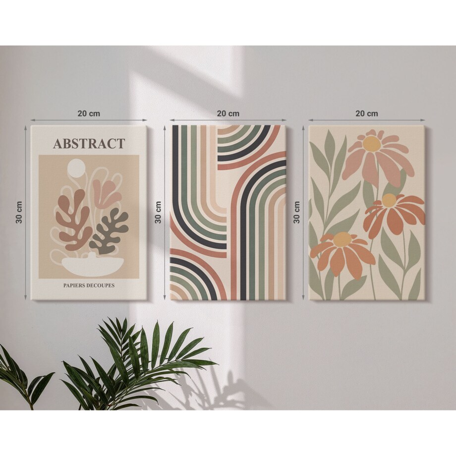 Zestaw 3 małych obrazów na płótnie - Abstrakcyjne rośliny w pastelach - pomarańczowy