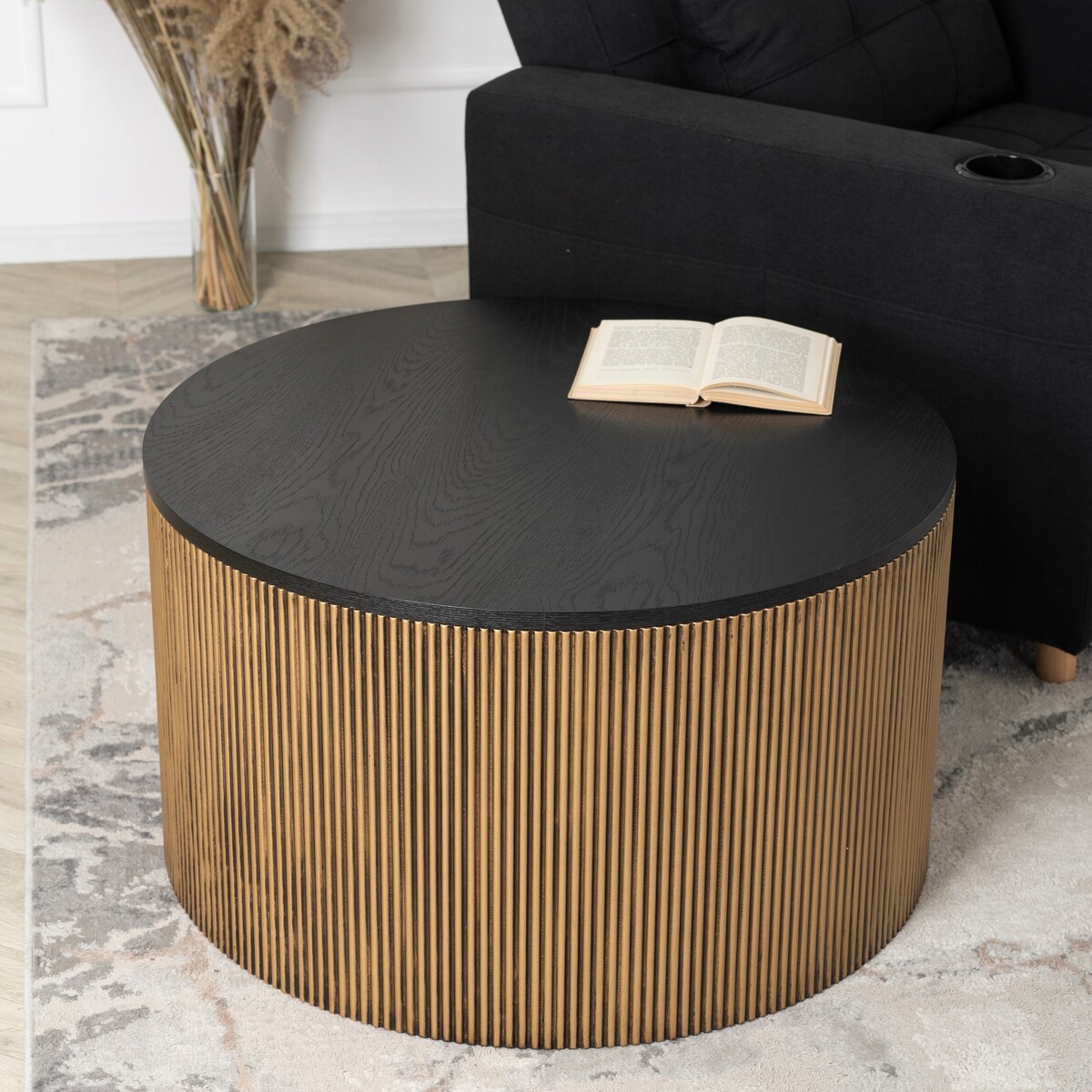 Stolik Kawowy Okrągły Duży Złoty Lamel Nowoczesny Okrągła Ława MIRACLE MAX