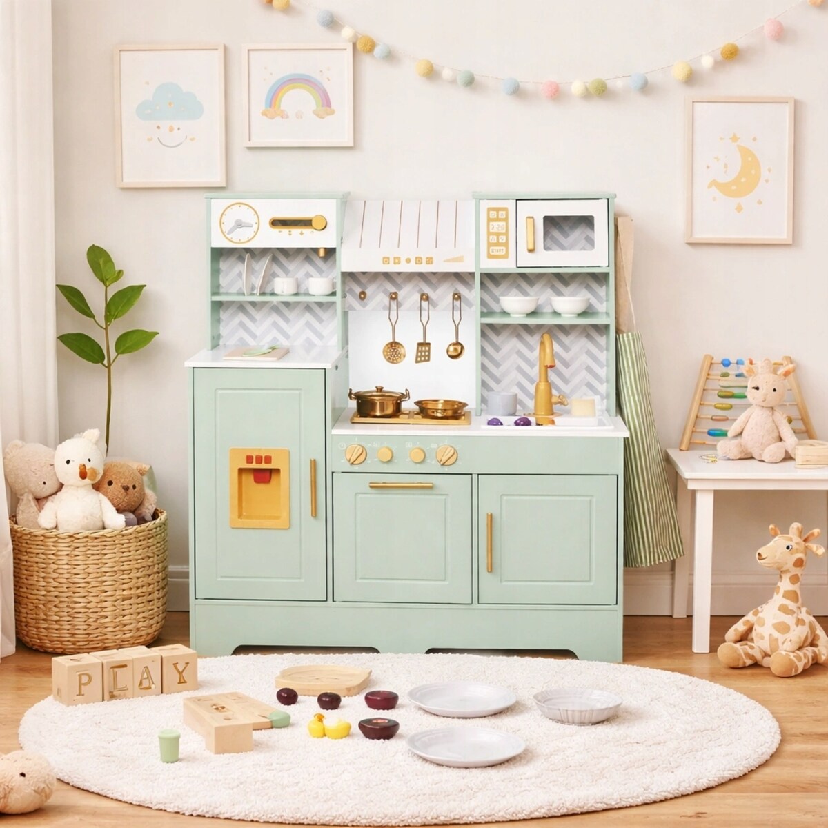 Drewniana kuchnia dla dzieci MintLux – duża kuchnia zabawkowa z dźwiękami, zlewem i akcesoriami 90 cm