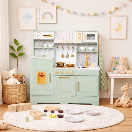 Drewniana kuchnia dla dzieci MintLux – duża kuchnia zabawkowa z dźwiękami, zlewem i akcesoriami 90 cm