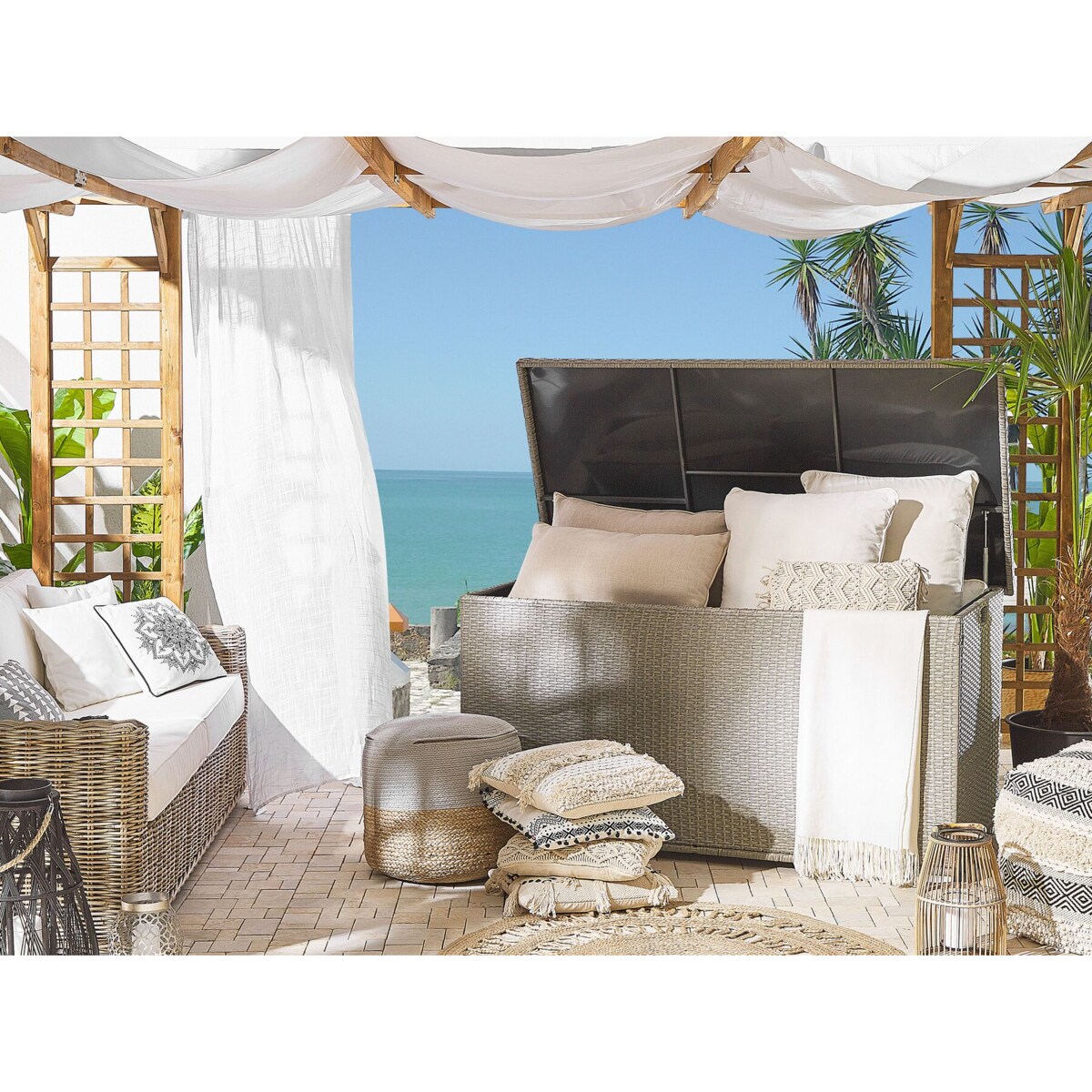 Skrzynia ogrodowa z technorattanu 155 x 75 cm beżowoszara MODENA