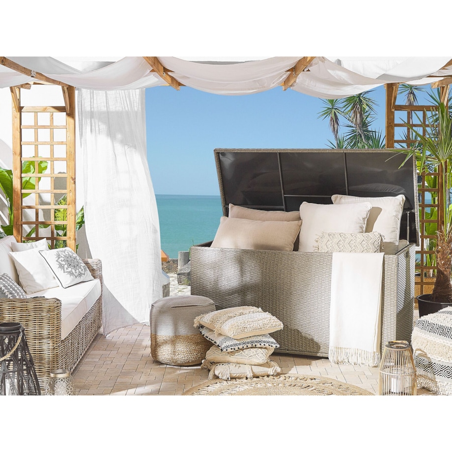 Skrzynia ogrodowa z technorattanu 155 x 75 cm beżowoszara MODENA