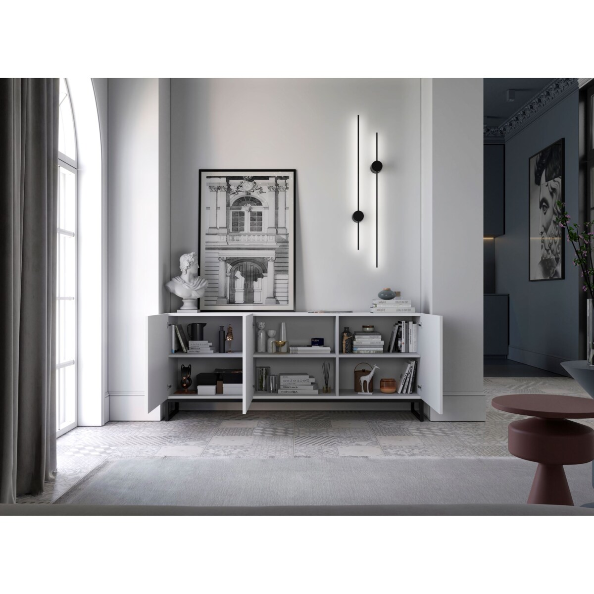 Nowoczesna Szafka RTV Loft Biały Mat Komoda RTV Glamour 168 cm Czarna Rama Loft