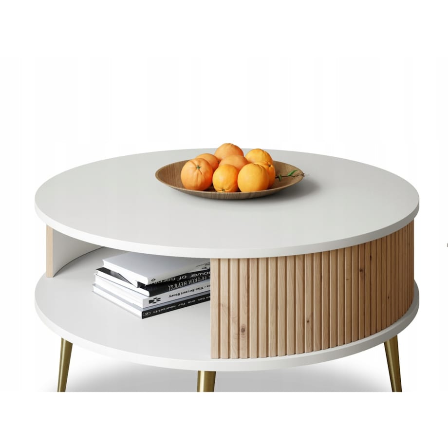 Stolik Kawowy Okrągły DO SALONU Biały Lamele Dąb Artisan VERLO GOLD 76cm