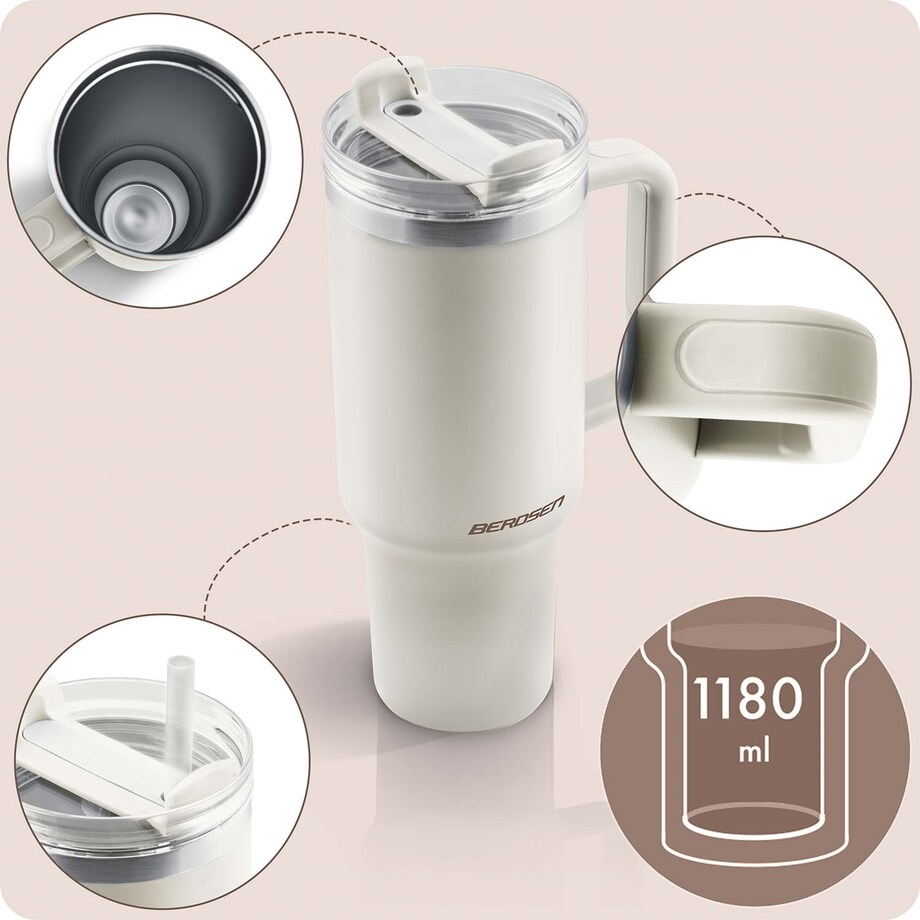 Kubek termiczny Berdsen kremowy 1180ml stal nierdzewna zimne ciepłe napoje + zestaw słomek