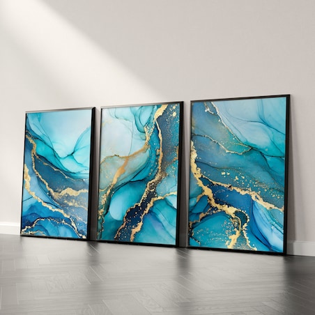ZESTAW 3X PLAKAT W RAMIE DO SALONU NIEBIESKI MARMUR STYL GLAMOUR 60x80cm