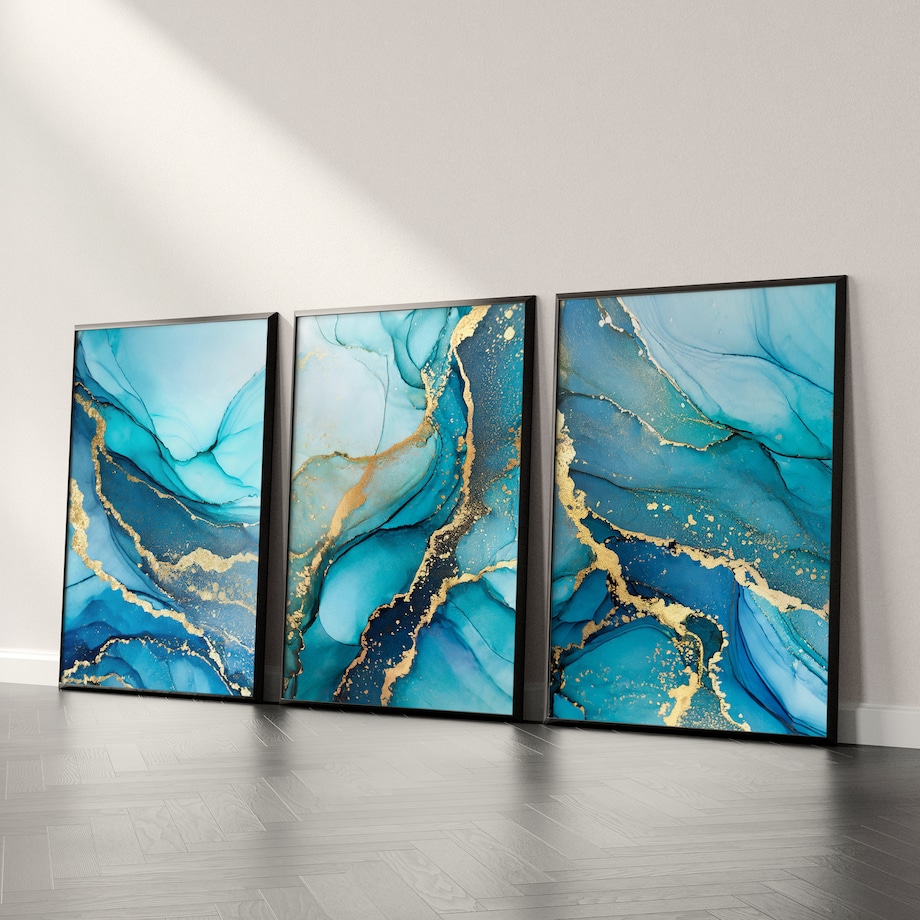 ZESTAW 3X PLAKAT W RAMIE DO SALONU NIEBIESKI MARMUR STYL GLAMOUR 60x80cm