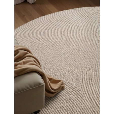 Dywan okrągły wełniany do salonu 200cm, kremowy wzór w półkola, efekt 3d