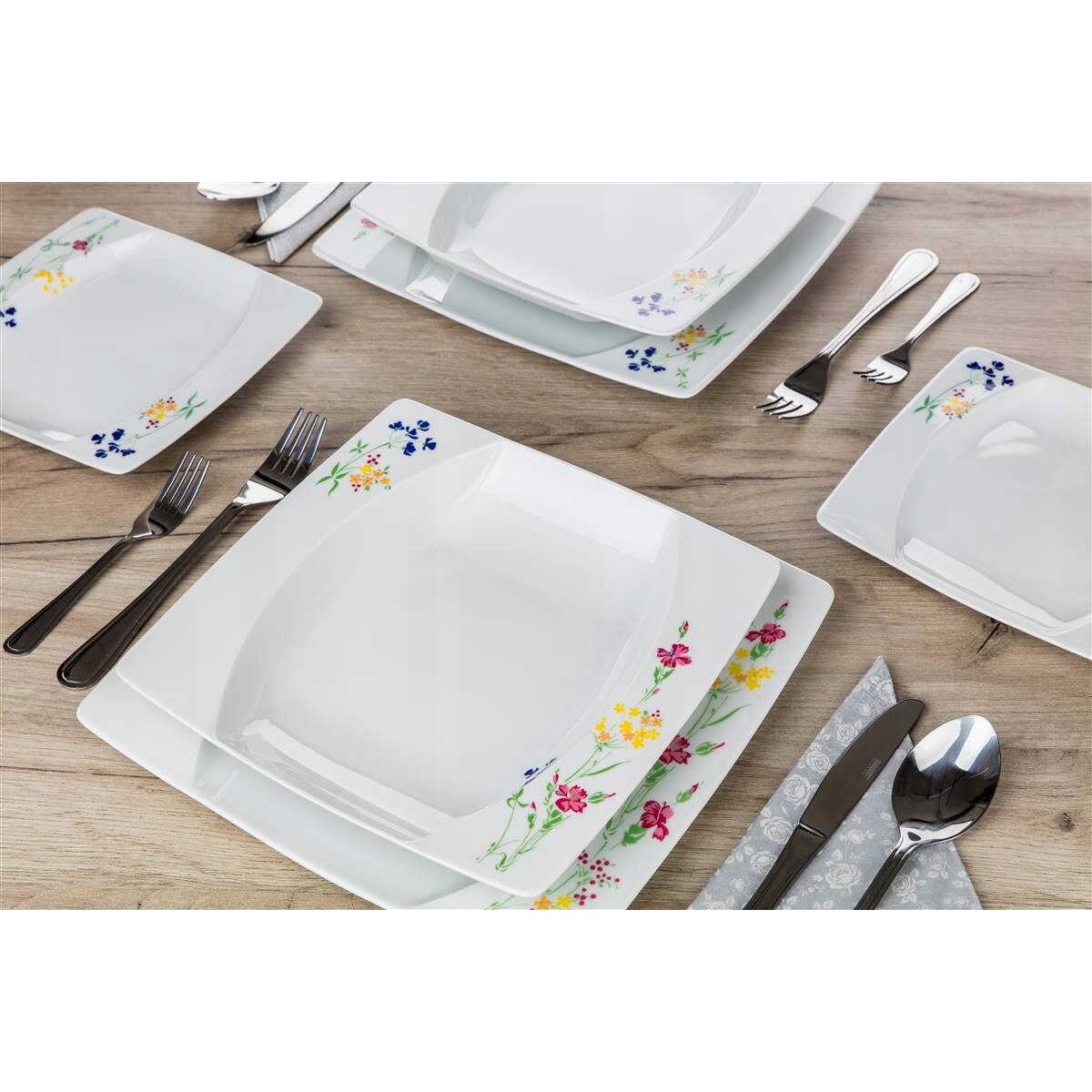 TALERZE KWADRATOWE czeska porcelana KWIATY KOMPLET OBIADOWE 6 osób jadalnia