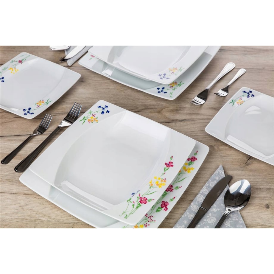 TALERZE KWADRATOWE czeska porcelana KWIATY KOMPLET OBIADOWE 6 osób jadalnia