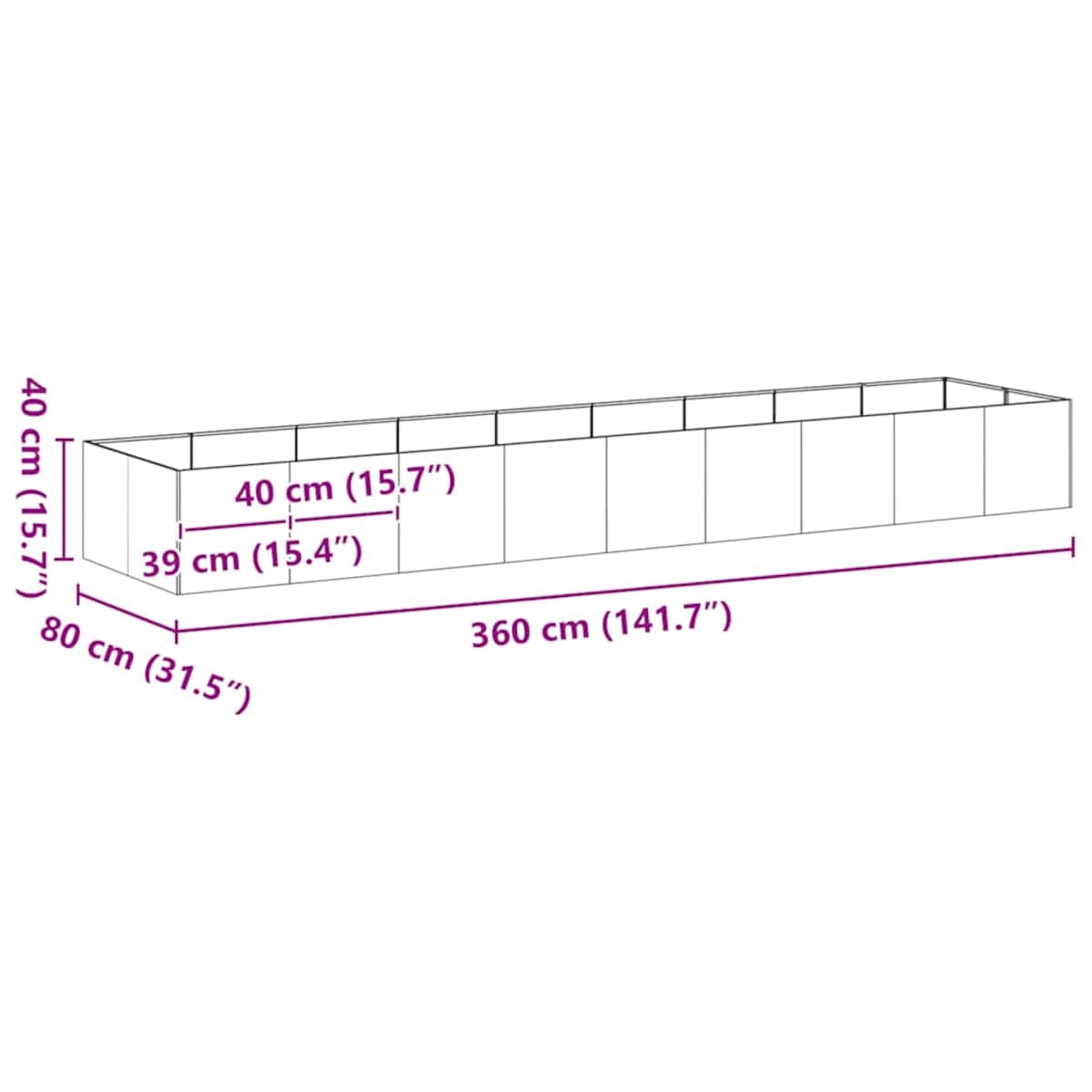 vidaXL Doniczka 360x80x40 cm Stal ocynkowana
