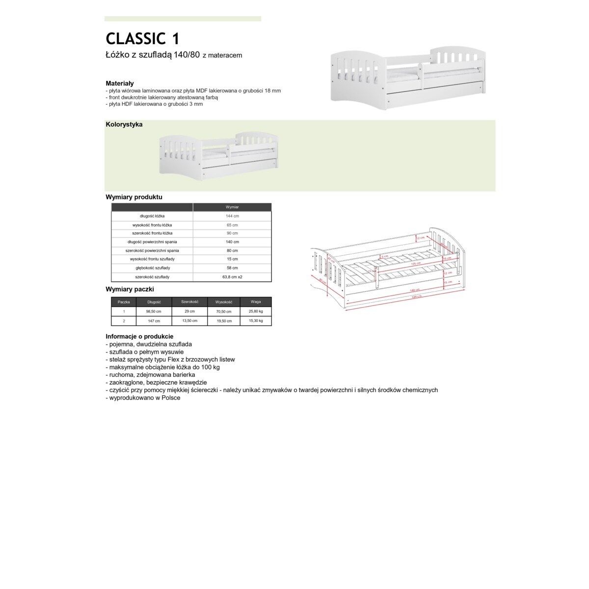 Łóżko classic 1 białe z szufladą materac 140/80