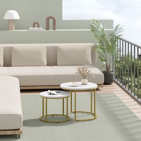 Stolik Kawowy Okrągły 2Szt Marmur, Złoty